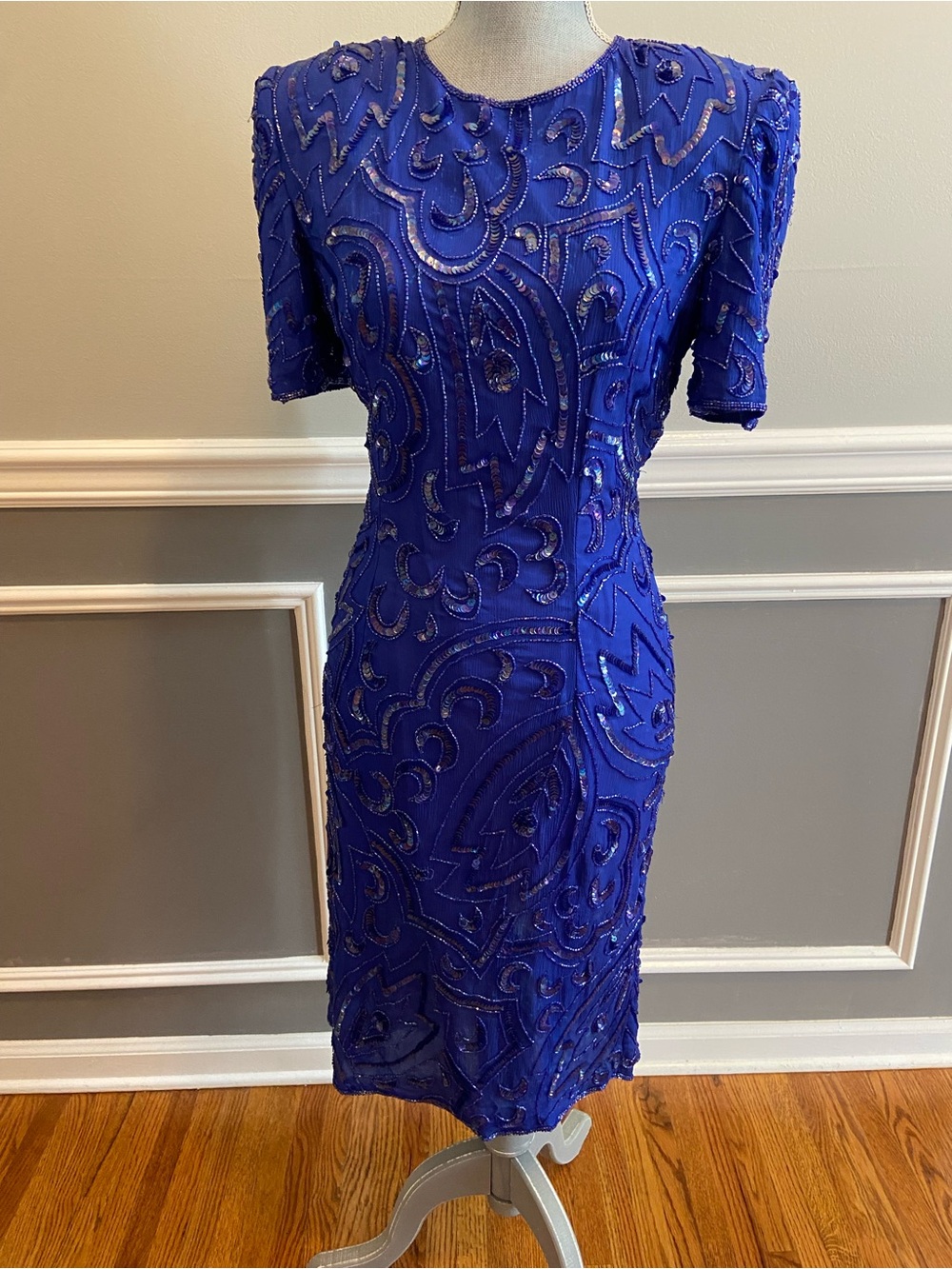 Vintage Blue Silk  Dress Hand Sequined, Beaded, Exquisite Women’s Size 10 1990s